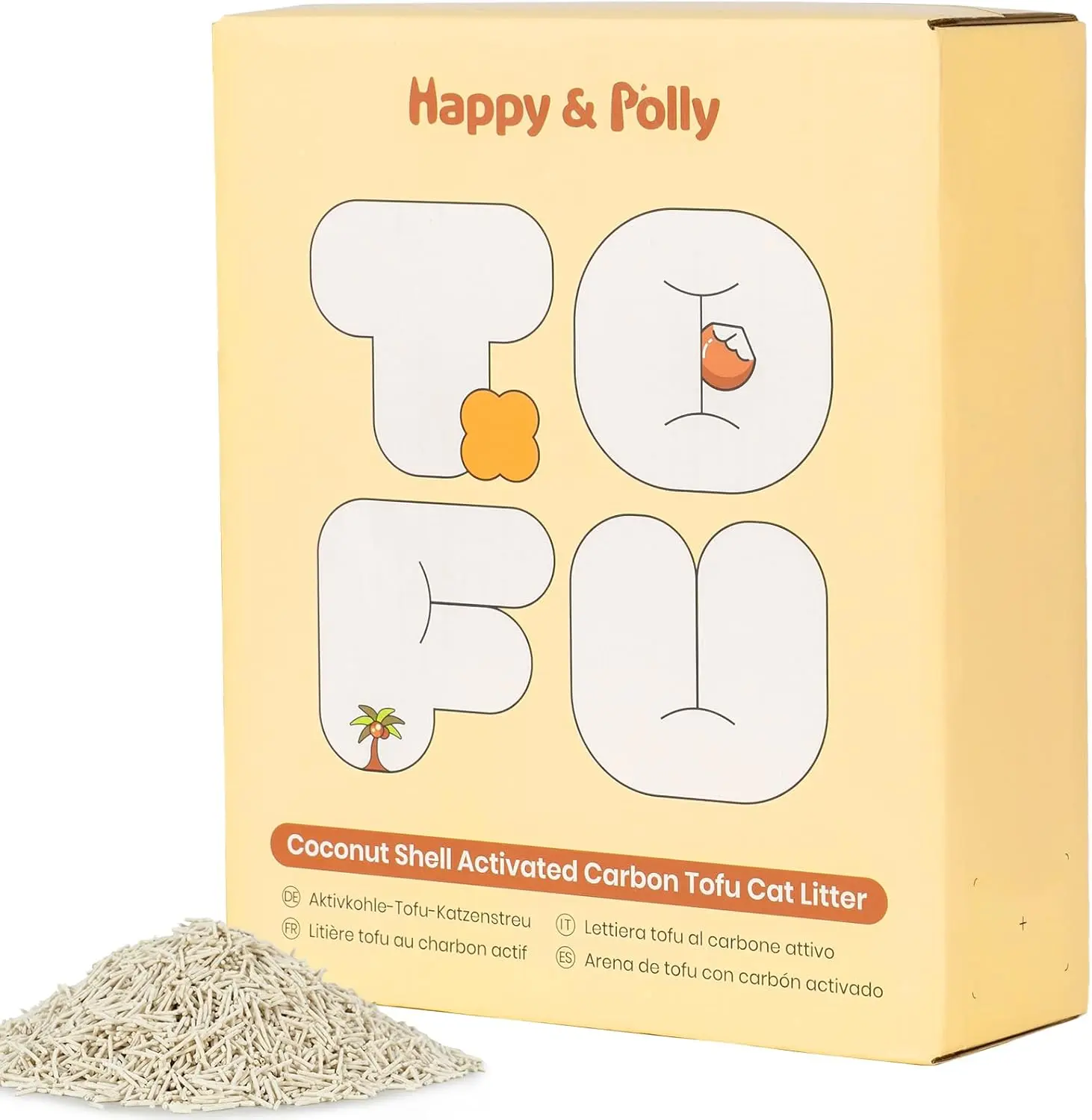 Happy & Polly Coconut Charcoal Tofu Cat Litter Pellets - 100% Natural Raw Materials, Fast Tight Solid Clumps, Flushable, Ultra Absorbent, Low Tracking, Unscented Fresh, Vacuum Pack, Less Chance of Sticking Cat Litter