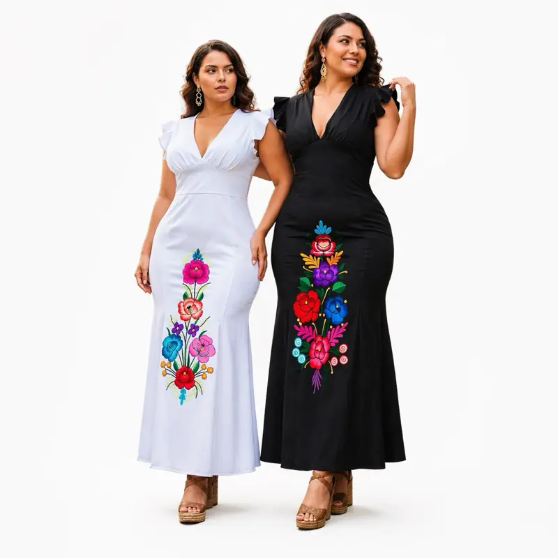Elegant Mexican Dress with Colorful Floral Embroidery Design for Wedding Parties Fitted Lycra Dress for Women S/M & L/XL Sizes - Womenswear, Elegance