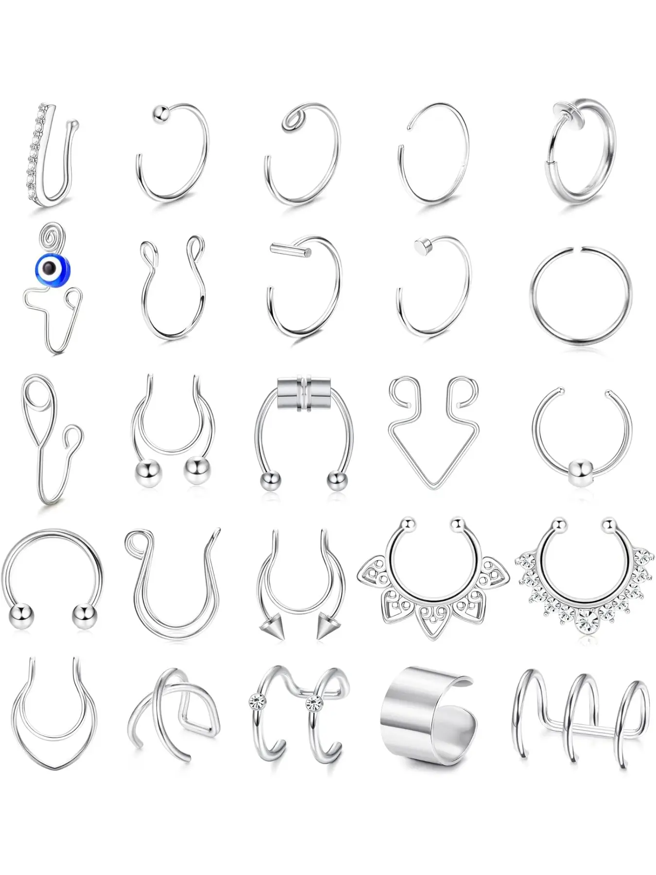 25 fake nose rings for women and men, magnetic diaphragm nose ring, clip for evil eye, nose rings, nose rings, piercing set, Nose Ring Jewelry, Nose Cuff, Nose Piercing Kit, Hinged Nose Ring