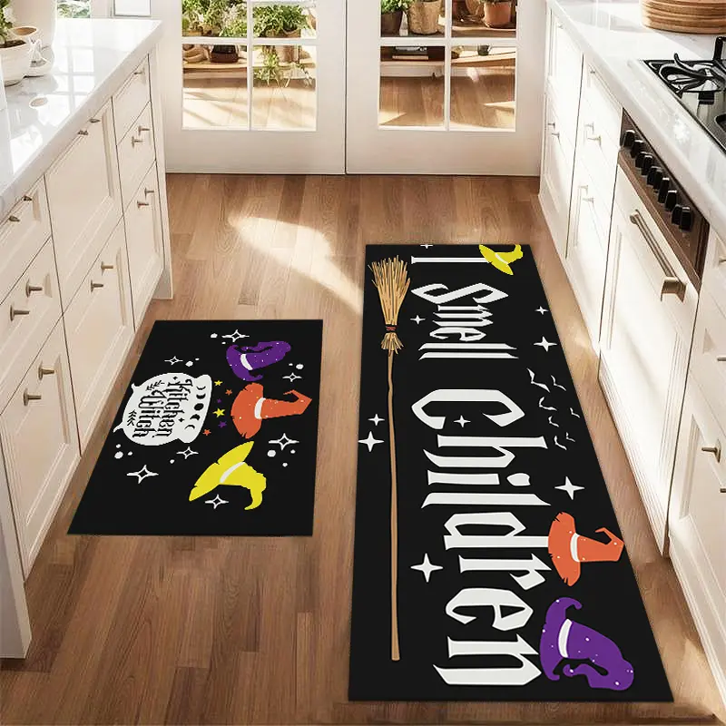 2Pcs Halloween witch hat broom Floor mat set for farmhouse kitchen Rug restaurant floor laundry room decor Decorative Area Rug carpet mat Area Rug Decorative Mats
