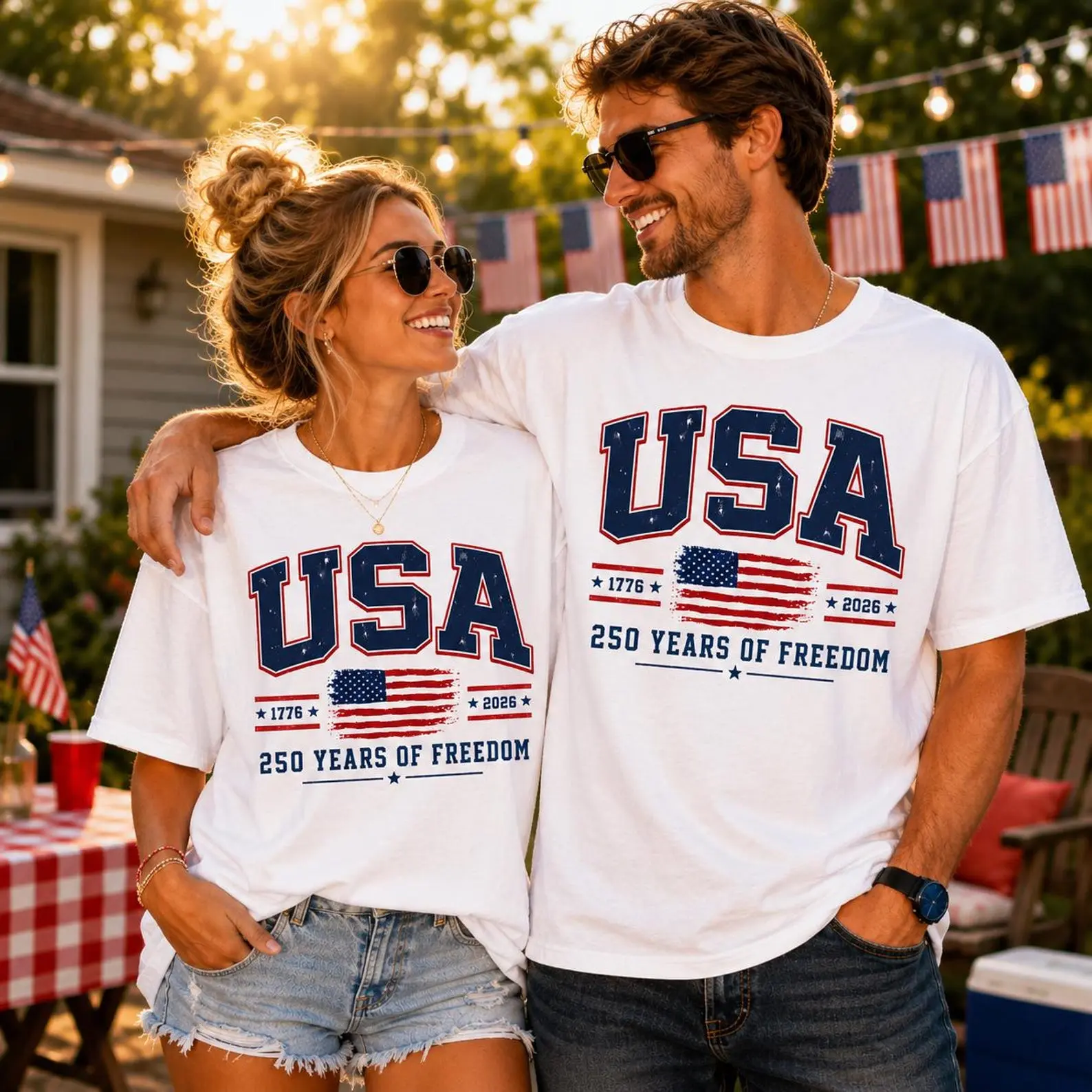 His and Hers Matching Short Sleeve T-Shirt, Casual Relaxed Fit Couples Top in Soft Cotton with Geometric American Flag Graphic for 4th of July & America 250, Love, Shortsleeve, Fabric, Beach, Aesthetic, Breathable, Comfortable, Style, America 250 Celebrat