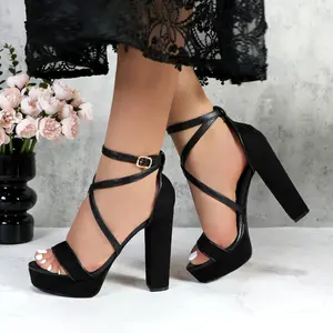 Women's Platform High Heels Sandals 5-inch Chunky Block Heel Cross Strap Ankle Strap Open Toe Footwear Black Classic Summer Casual Dress Shoes for Wedding Bridal Evening Homecoming Prom Daily Wear