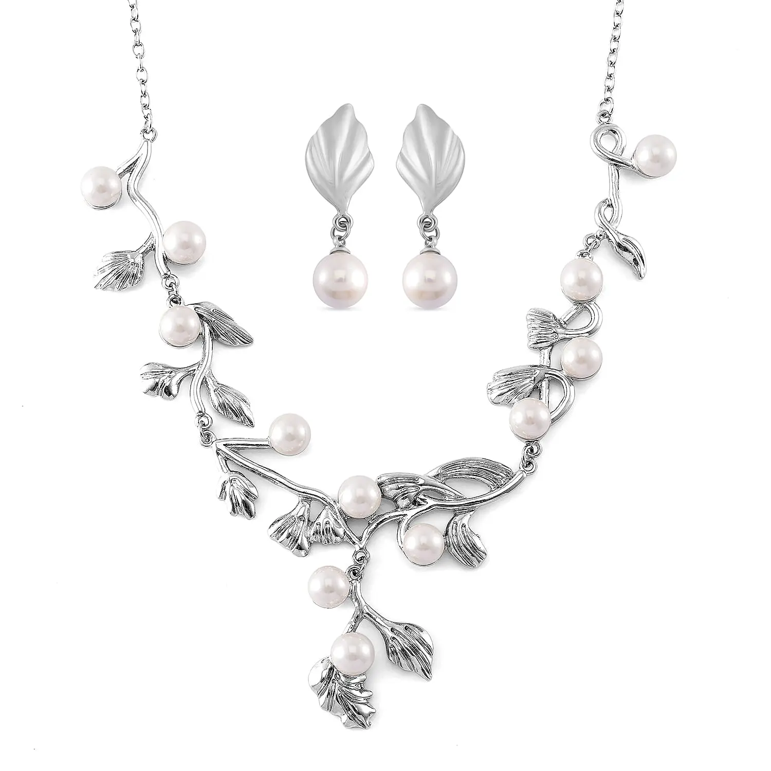 TLV White Shell Pearl Leaf Necklace (18-20 Inches) and Earrings in Silvertone
