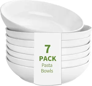 7 Pack Porcelain Pasta Bowls Ceramic , Large Serving Bowl, Wide and Shallow, Set 8.3 Inch - 30 Ounce - for Pasta, Salad, Cereal, Soup & Microwave & Dishwasher Safe