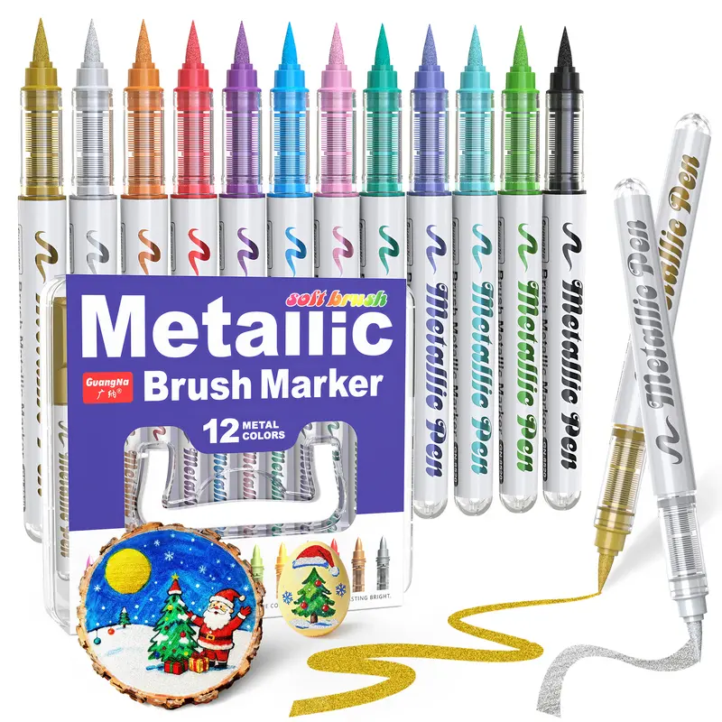 GuangNa Metallic Acrylic Paint Brush Tip Pens (12/24/36/48 Color Options) - Unique Pens, Colorful Marker Set, Journaling Supplies, Coloring Tool for Rock Painting, Office Stationery