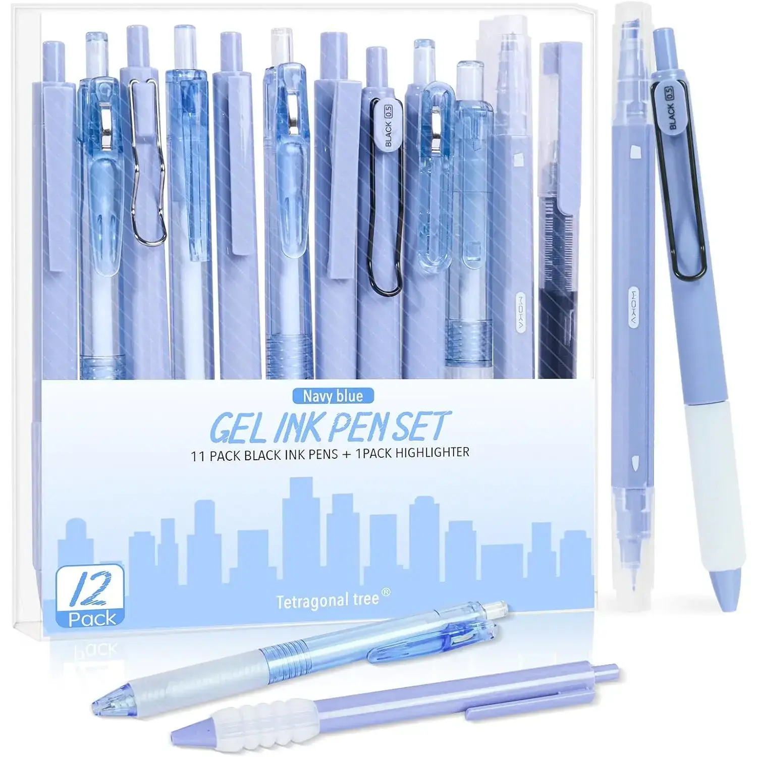 12Pcs Gel Pens Set, 11 Black Ink Pens, 1 Highlighter, Retractable 0.5mm Fine Point Pens for Office School (Navy Blue)