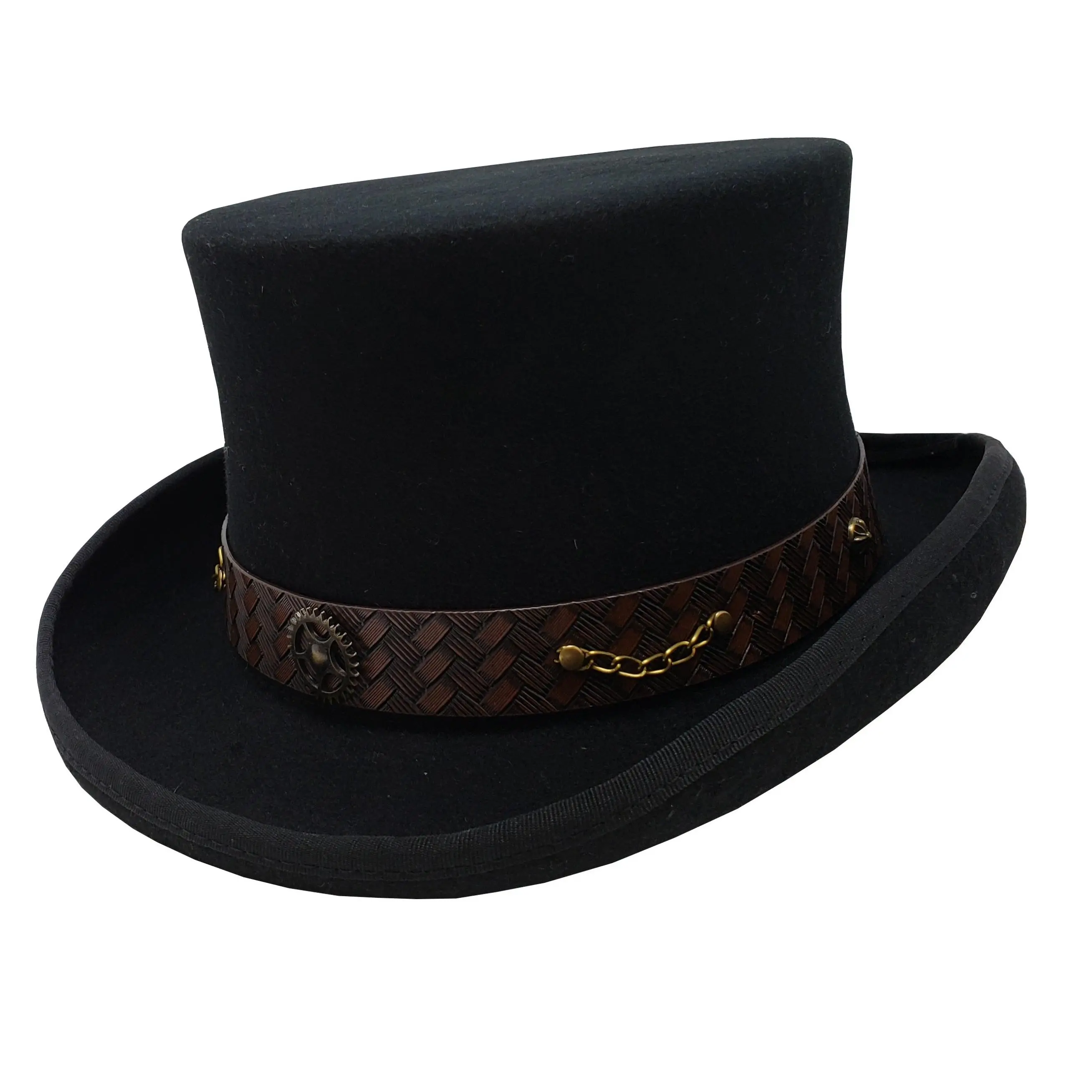 Victorian-Inspired Steampunk Top Hat for Men, 100% Wool Felt with Leather Band and Chain Detail for Halloween Costumes, Father's Day, Dry Clean, Luxury, Leather Band Hold