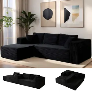 110" No Assembly Compression Boneless in a Box Cloud Sectional Couches for Living Room L-Shape Sleeper Sofa, Modern Modular Corduroy Reclining Comfy Fluffy Memory Foam Furniture for Bedroom Home Black