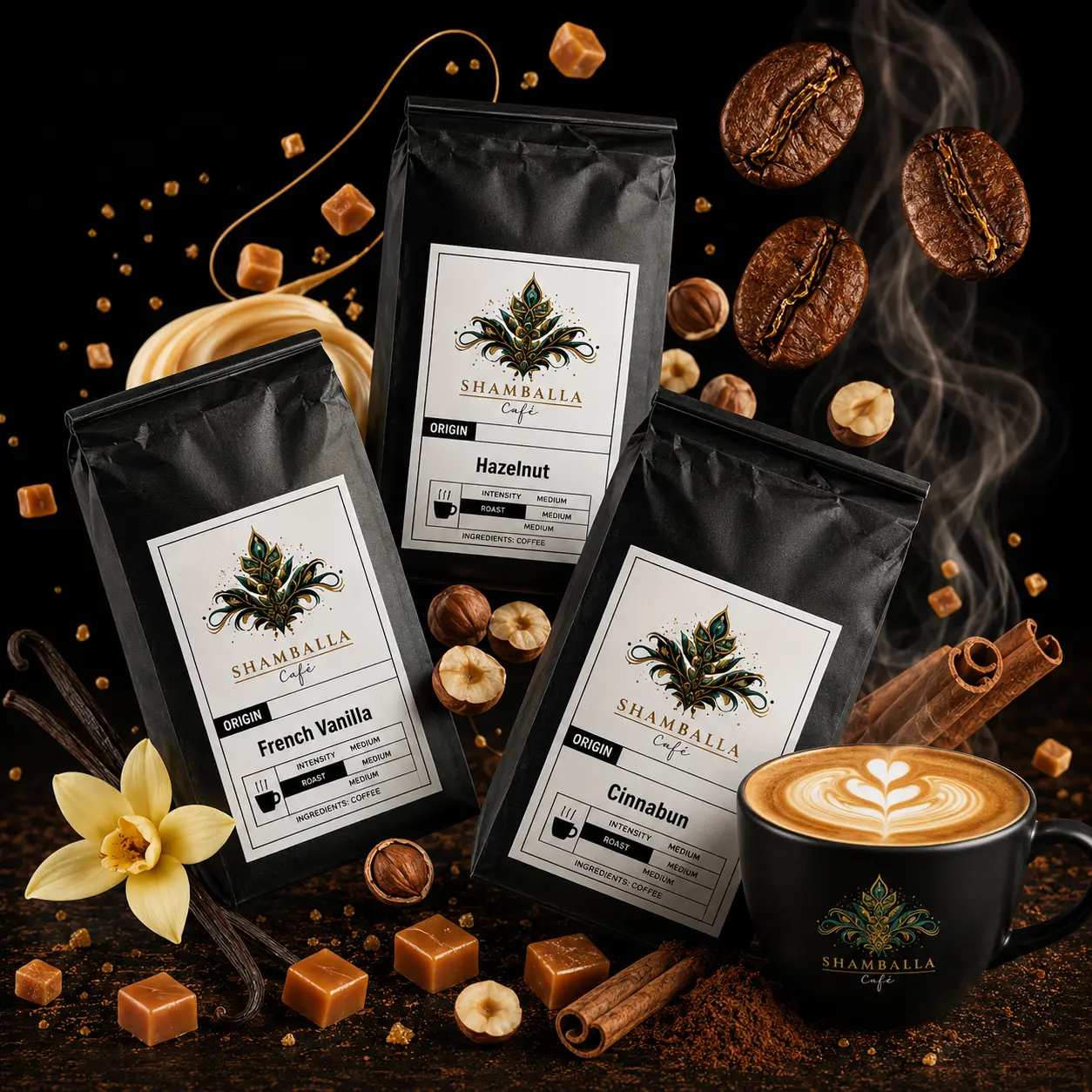 Flavored Coffee Beans Sample Pack - 6 Bags, 2oz Each, Gluten-Free Plant-Based Snack Coffee Sampler