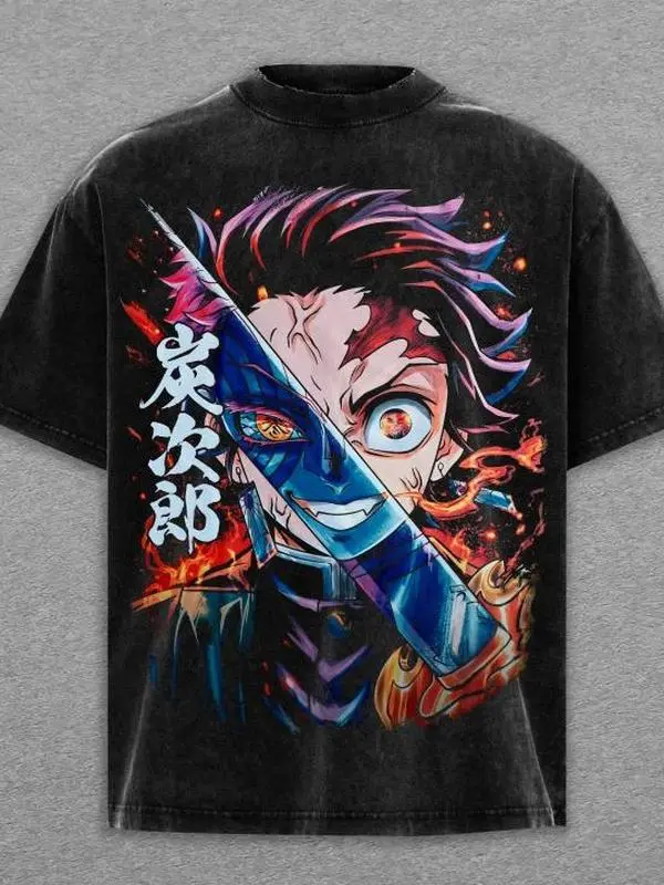 Retro Limited Vintage Kamado Tanjiro Demon Slayer Unisex Oversize Anime Manga Tshirt Short Sleeve Crew Neck Summer Streetwear Gift For Anime Fan
