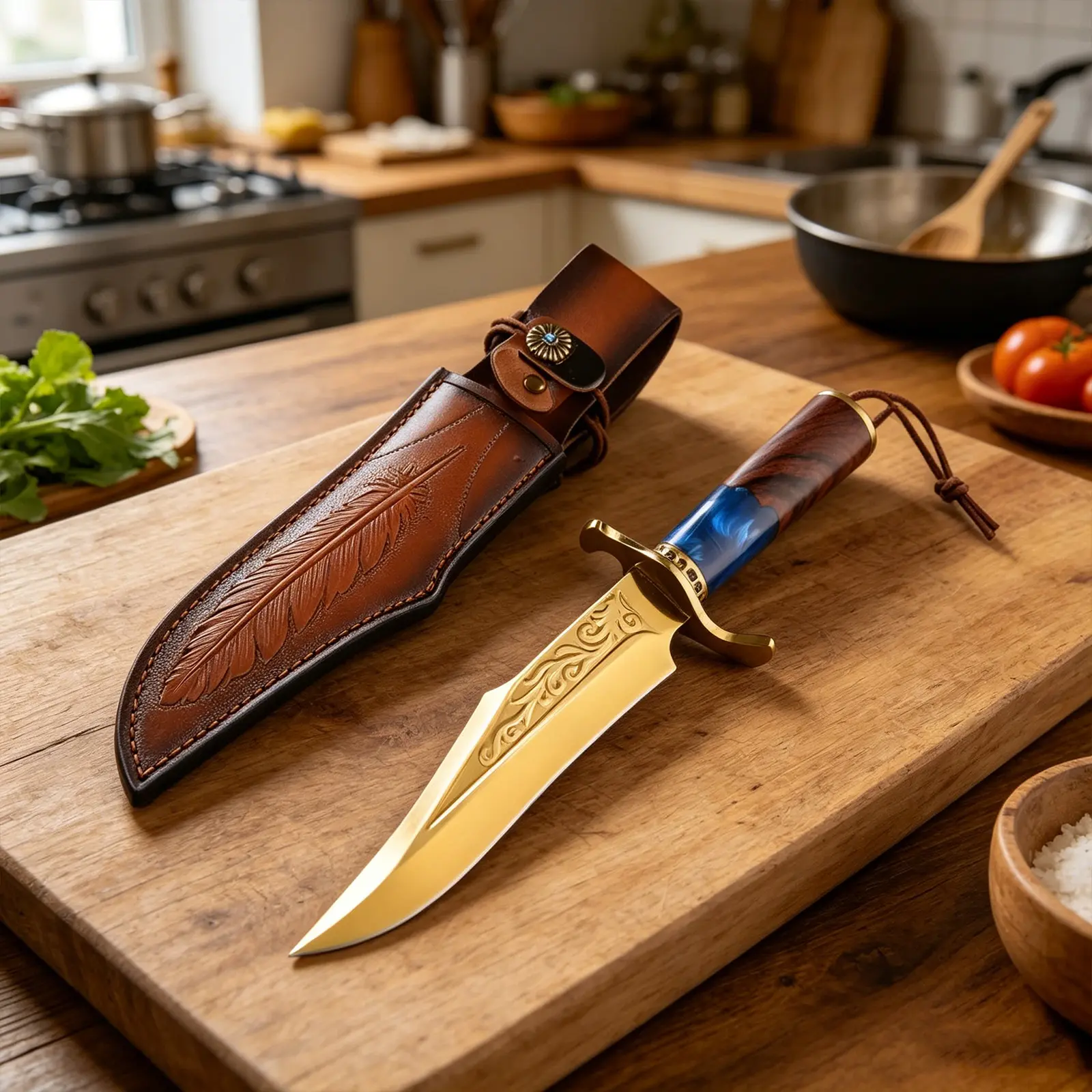 Vintage Carved Gold Chef’s Knife for Home Use — Sharp Boning/Filleting Knife, Solid Wood Handle, Multifunctional Meat Cutting Knife, Handmade Genuine Leather Sheath, Gift-Ready Kitchen Knife