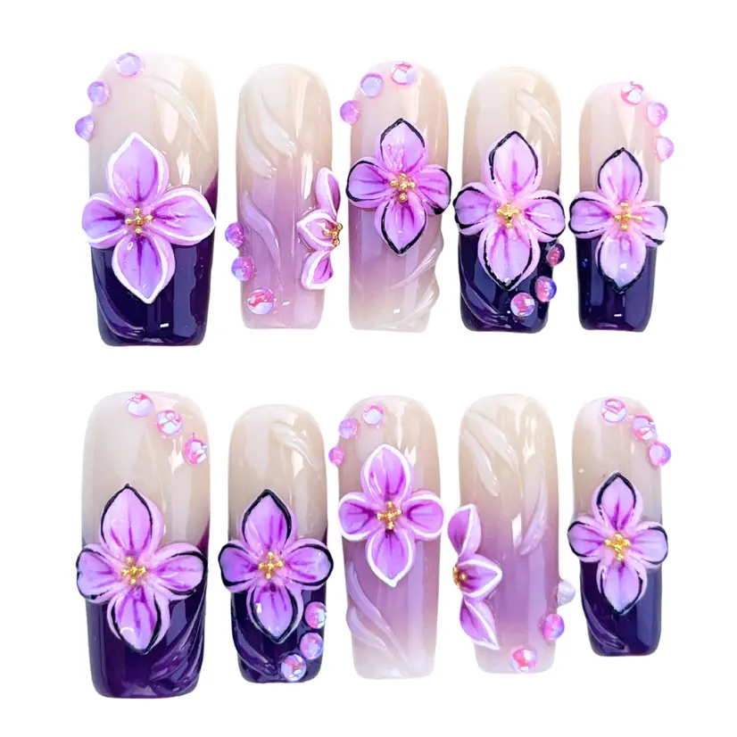 10PCS Square Press-On Nails with 3D Purple Flowers | Handmade Acrylic Reusable Fake Nails | Gradient French Style japanese nail Cute Halloween Glitter Press-On Nails acrylic  nails