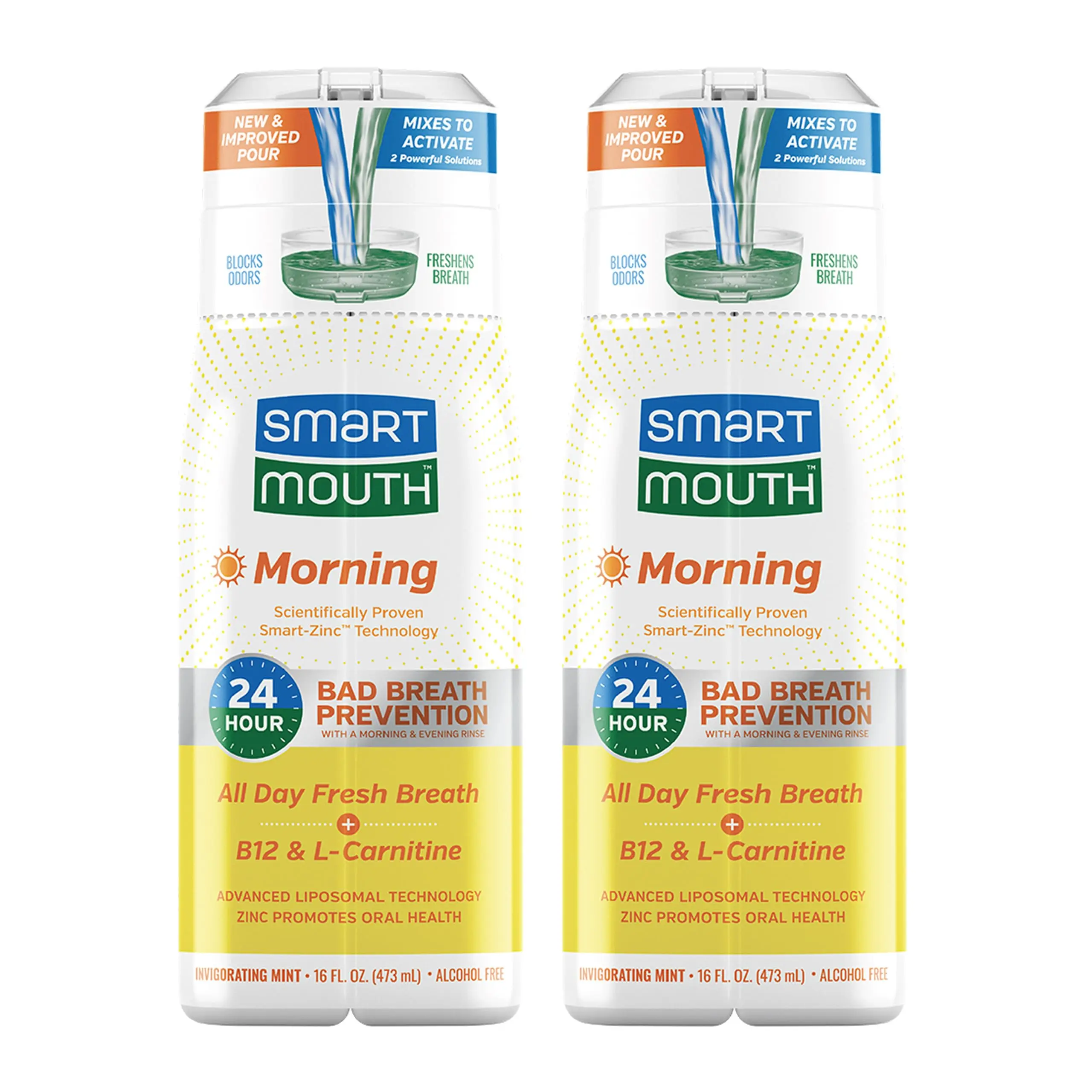 SmartMouth Advanced Liposomal Morning Mouthwash - All-Day Fresh Breath - Vitamin B12 & L-Carnitine - Dual-Solution Zinc-Activated Morning Mouthwash - Invigorating Mint Flavor - 16 fl oz Each, 2-Pack