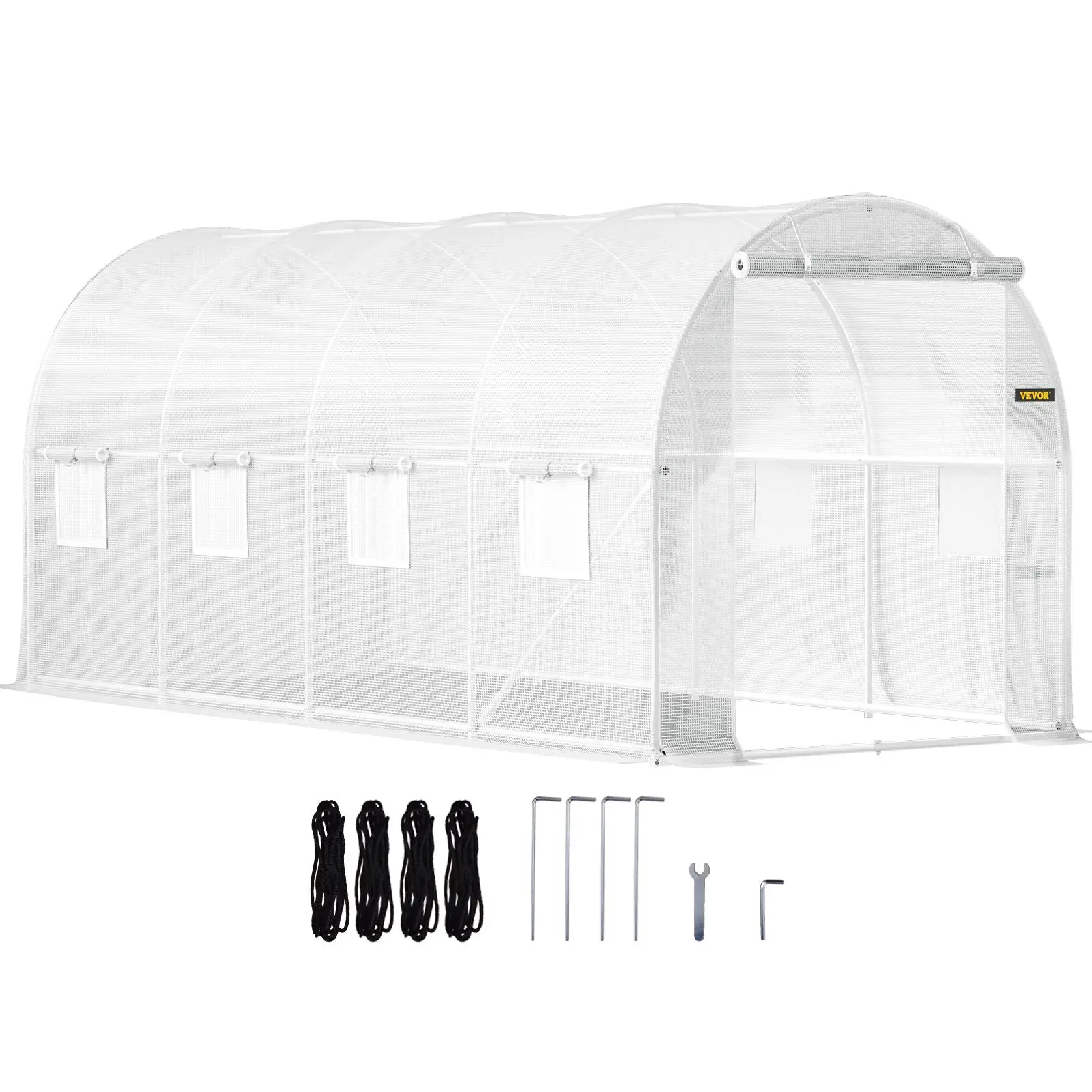 VEVOR 15x6.5x7 ft Walk-in Tunnel Greenhouse, 15x6.5ft Size Portable Plant Hot House with Galvanized Steel Hoops, 1 Top Beam, Diagonal Poles, Zippered Roll-up Door, 8 Mesh Roll-up Windows, White, All Tools Included, 15 X 6.5 X 7 Ft