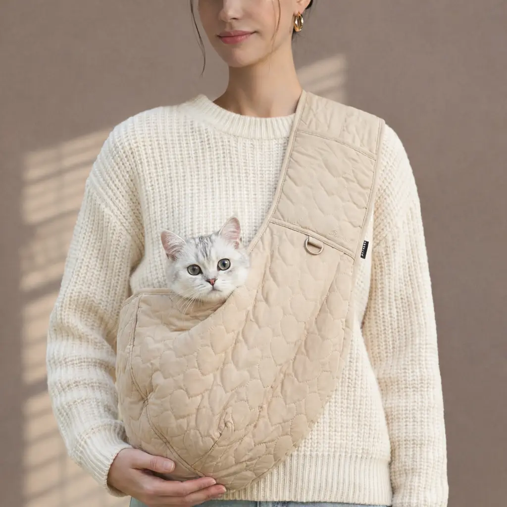 Quilted Pet Sling Carrier with Harness for Cats & Small Dogs (10–12 lb), Nylon Fabric, Heart Quilting, Safety Tether, Hands-Free Carry, Adjustable Strap (68–80cm), Shoulder Relief Shoulder Bag