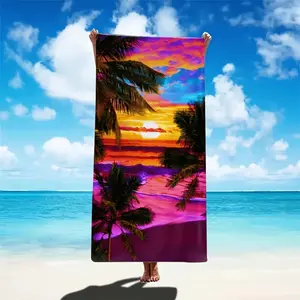 1pc Luxury Oversized Tropical Sunset Beach Towel - Soft, Absorbent & Quick-Dry Microfiber with Vibrant Palm Tree & Ocean Design for Pool, Camping, Travel, Gym - Machine Washable, Beach Towel