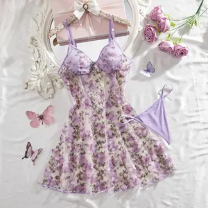 Women's Romantic Butterfly Lace Babydoll Nightwear Set Floral Embroidered Sleep Dress Bridal Honeymoon Lingerie with Delicate Butterfly Accents