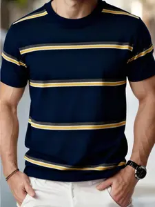 Men's Round Neck Short Sleeve Striped Casual T-Shirt, 3D Digital Print, Fitted Long Clothing, All Seasons Wear, Stylish Daily Tee