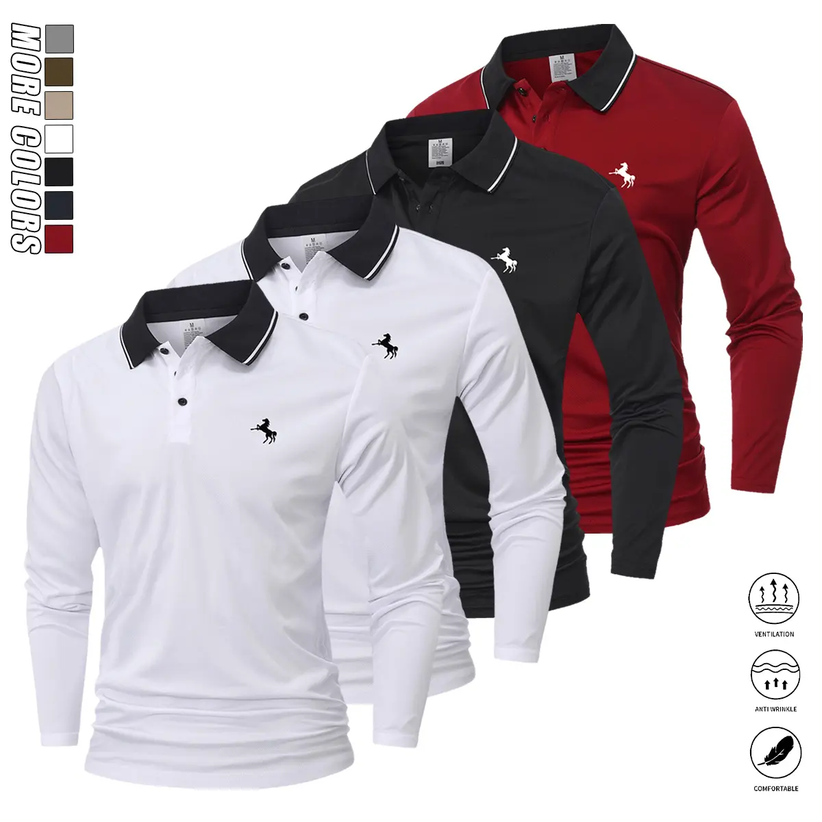 Men's Casual Long-Sleeve Polo Shirt, Wrinkle-Resistant Polyester Clothes in Solid Colors, Breathable Top for Travel & Business Casual Outfits