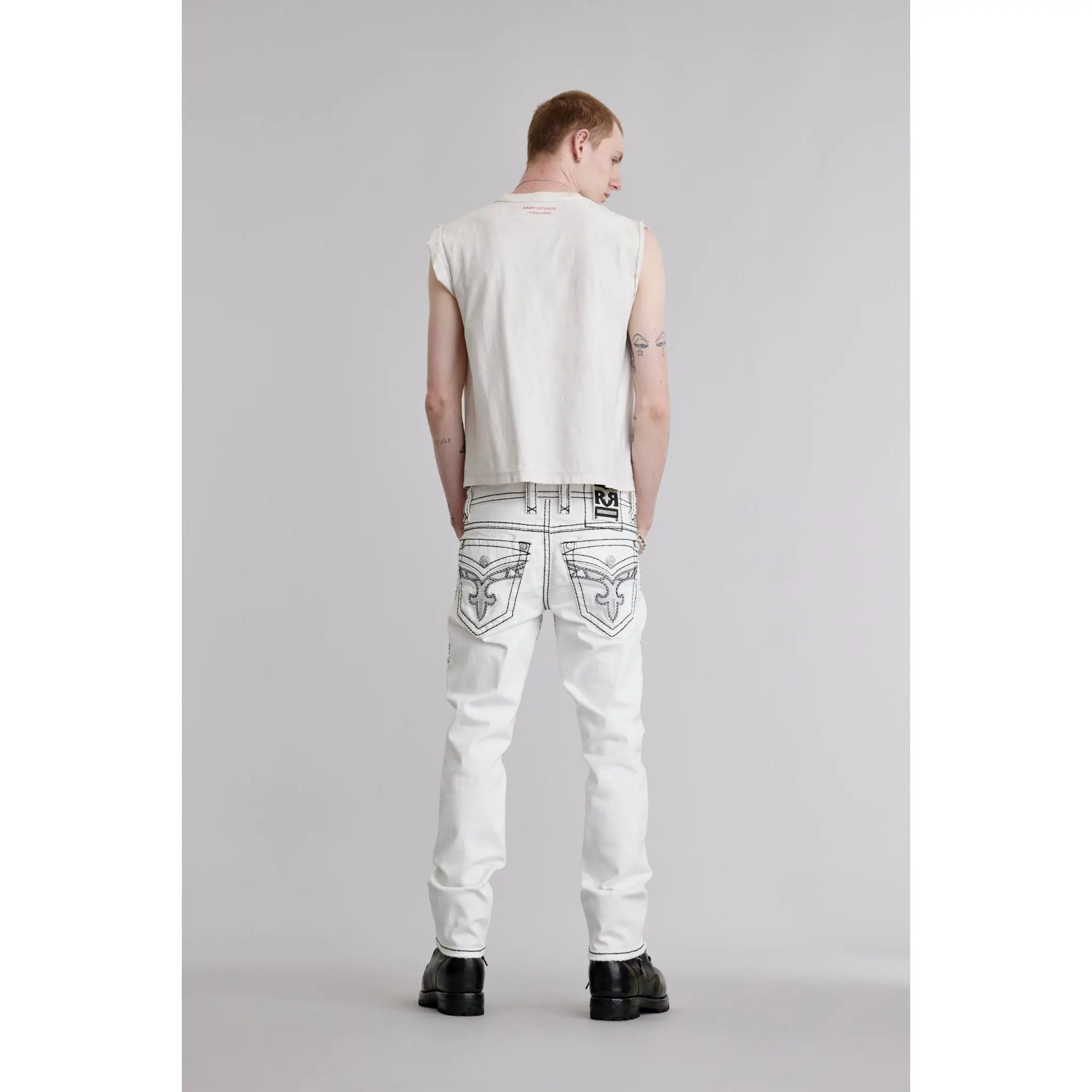 rr Men's High-Stretch Straight Denim Jeans - Embroidery Design, Leather Accents, Graphic Detailing, Full-Length Streetwear Menswear Bottoms