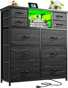Raybee Furniture Modern 10-drawer fabric dresser, open shelving fabric dresser and chest of drawers with USB charging port and LED light, suitable for hallway and living room, steel frame, wooden top