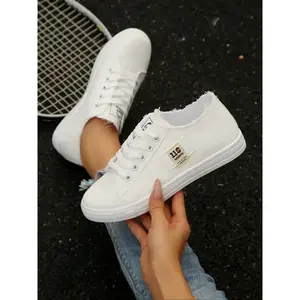 Women's Spring Summer Canvas Shoes, Casual Versatile Low Top Trainer Sneakers, Striped PU Leather Flat Sports Board Shoes, All Seasons