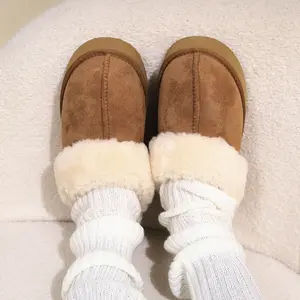 OOW Fuzzy Platform Slippers for Women - Women's Casual Winter House Slippers - Brown, Faux Fur & Shearling Blend - Women's Size