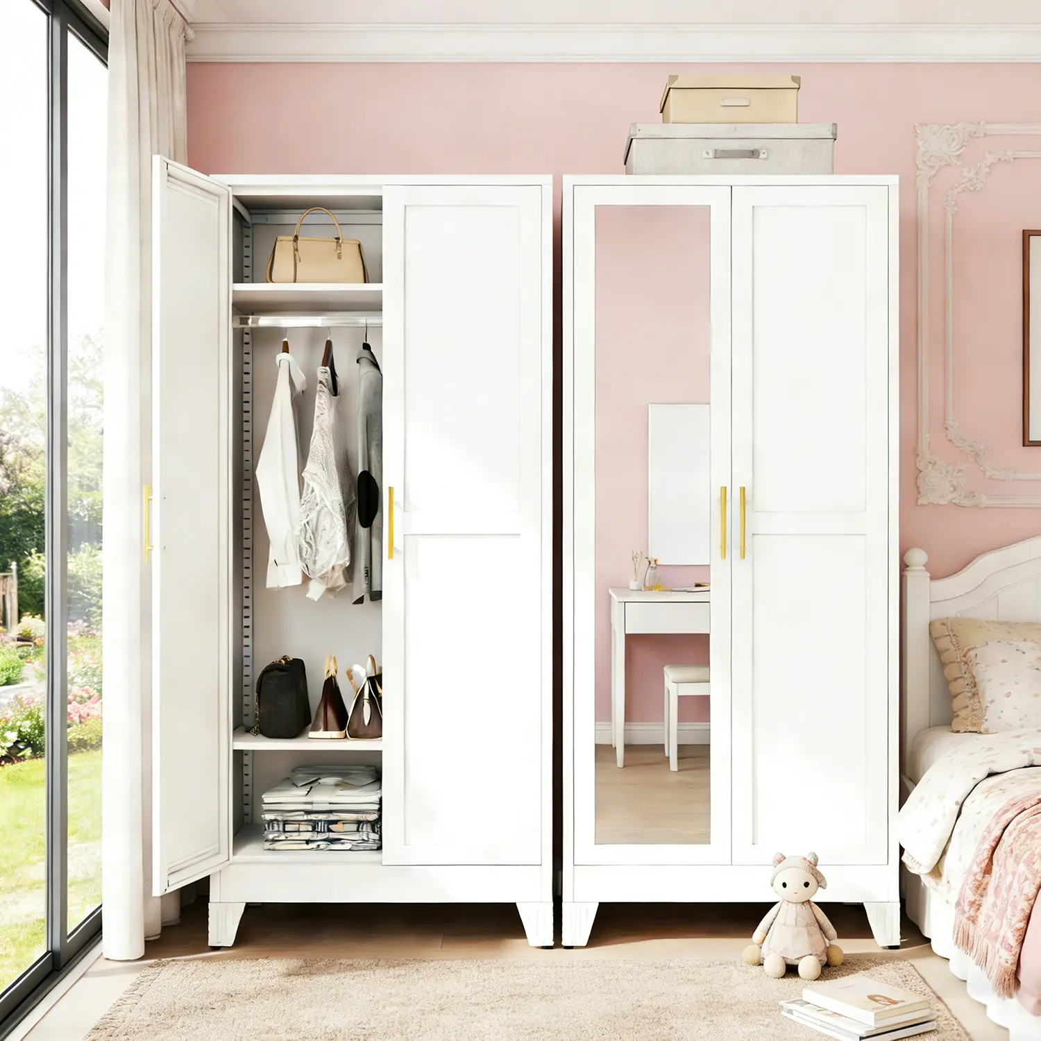 71" Metal Wardrobe Cabinet with Mirror and Hanging Rod, 2-Door Steel Clothing Storage with Adjustable Shelves – Armoire Closet for Bedroom, Laundry Room & Cloak Room  Short & Catchy Style Wardrobe Ideas Wardrobe Closet Organizer