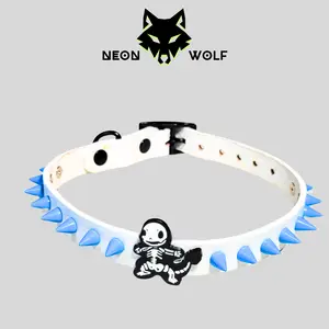 NEON WOLF White Collar with Blue Spikes & Skeleton Charmander Charm – Edgy Playful Style for Pets or Humans