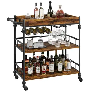 3-Tier Rolling Bar Cart with Wheels, Metal Serving Cart with Wine Rack & Removable Tray for Home, Kitchen, Dining Room, and Living Area