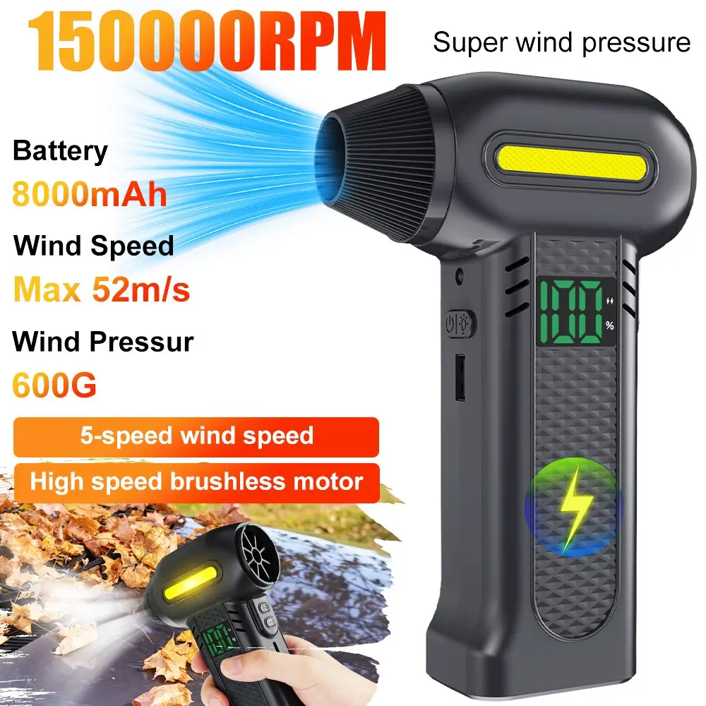 5 Gears Adjustable High Speed 600G Super Wind Pressure Turbo Handheld Blower Jet Fan Cordless Electric Air Duster Portable Type-C Charger with LED Light for Car Snow Removal Dust Cleaning Rechargeable Cordless Blower