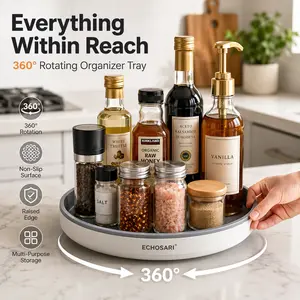 360° Rotating Organizer Tray, Non-Slip Lazy Susan Turntable for Kitchen Countertop, Pantry Cabinet and Bathroom Storage, Round Rotating Tray in Black & Gray