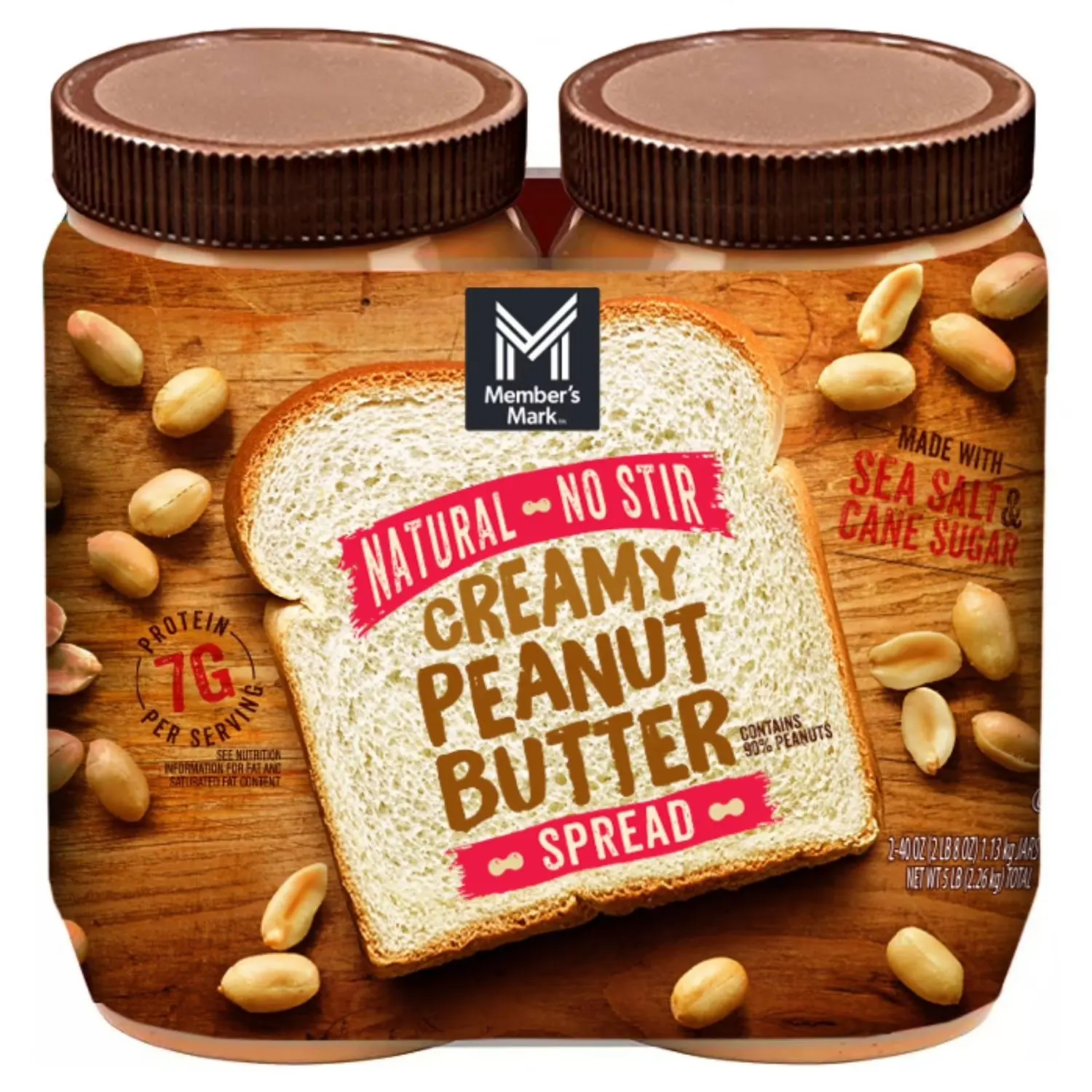 Member's Mark Natural Roasted High-Protein Kosher Creamy Sweet Peanut Butter Jar Spread - Gluten-Free, No Artificial Color, No Preservatives, Contains Peanuts, 40 oz, 2-Pack (2 Packs, Suitable for All Ages)