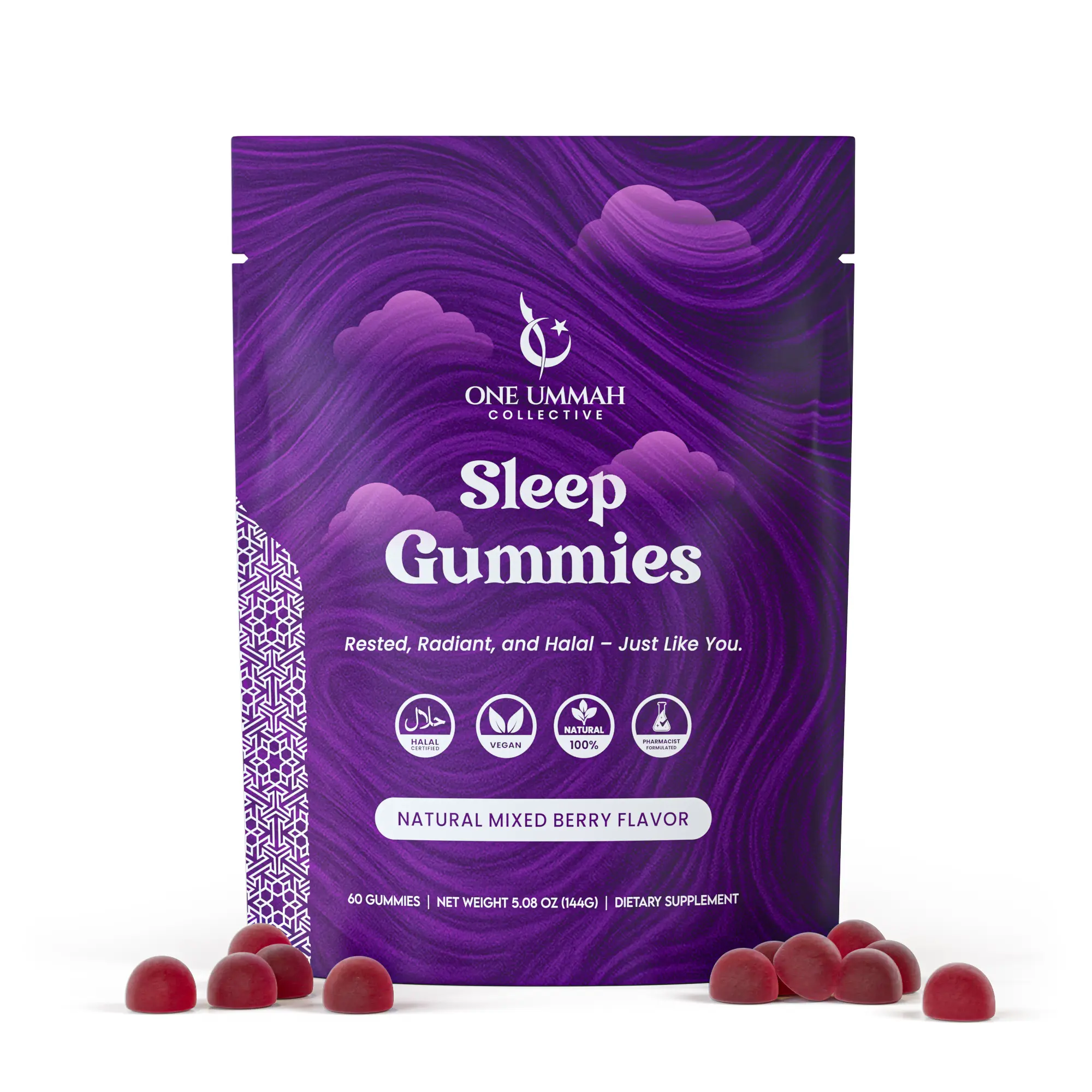 Halal Certified Melatonin Tasty Sleep Aid Gummies - 3mg Melatonin, GABA, L-Theanine, Herbal Blend - 60 Count Chewable Calming Aid Sleep Supplements for Natural Nighttime Relaxation