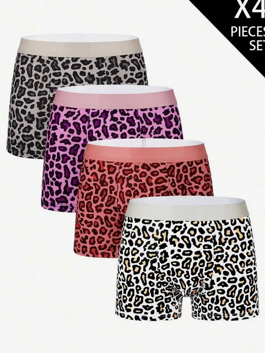 4 Pack Men's Leopard Print Boxer Briefs Multipack - Stylish Breathable Underwear for Men