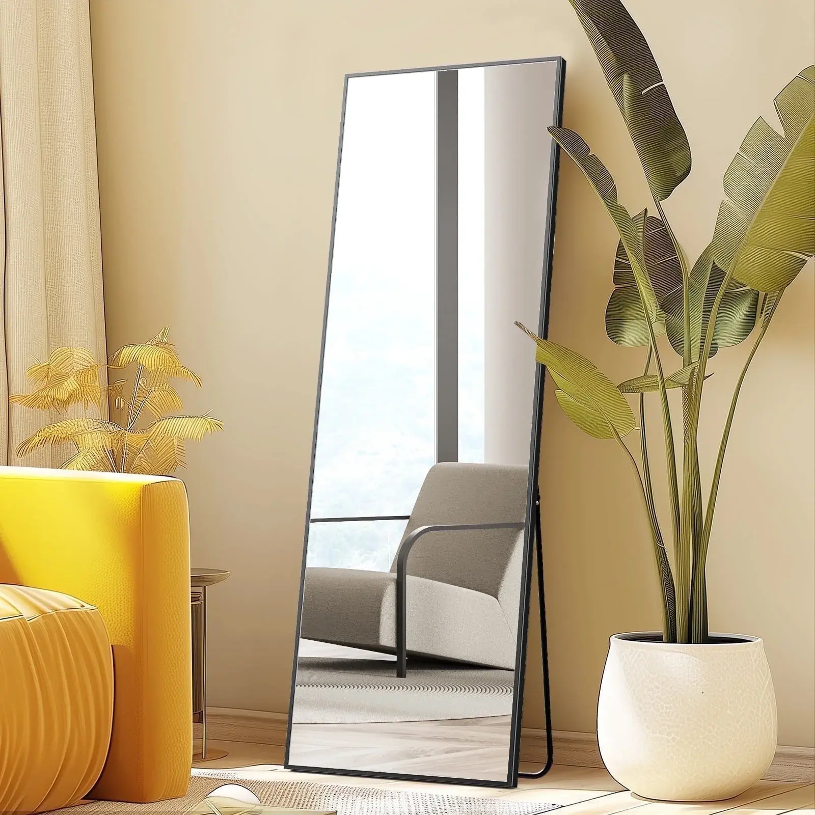 CONCETTA 59x16 64x21 Rectangle Full Length Mirror Full Body Standing Mirror Floor Mirrors Black Modern Aluminum Alloy Shatter-proof Glass Mirror for Closet Vanity Room Living Room Bedroom Bathroom