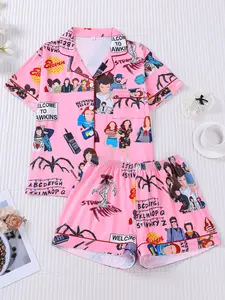Stranger Things Themed 2-Piece Matching Pajamas Set for Women Lady, Cartoon All-Over Print Lapel Short Sleeve Top with Pocket & Elastic Waist Shorts, Pink Girly Style Soft Comfortable Loungewear, All-Season Casual Daily Homewear Sleepwear Pyjamas