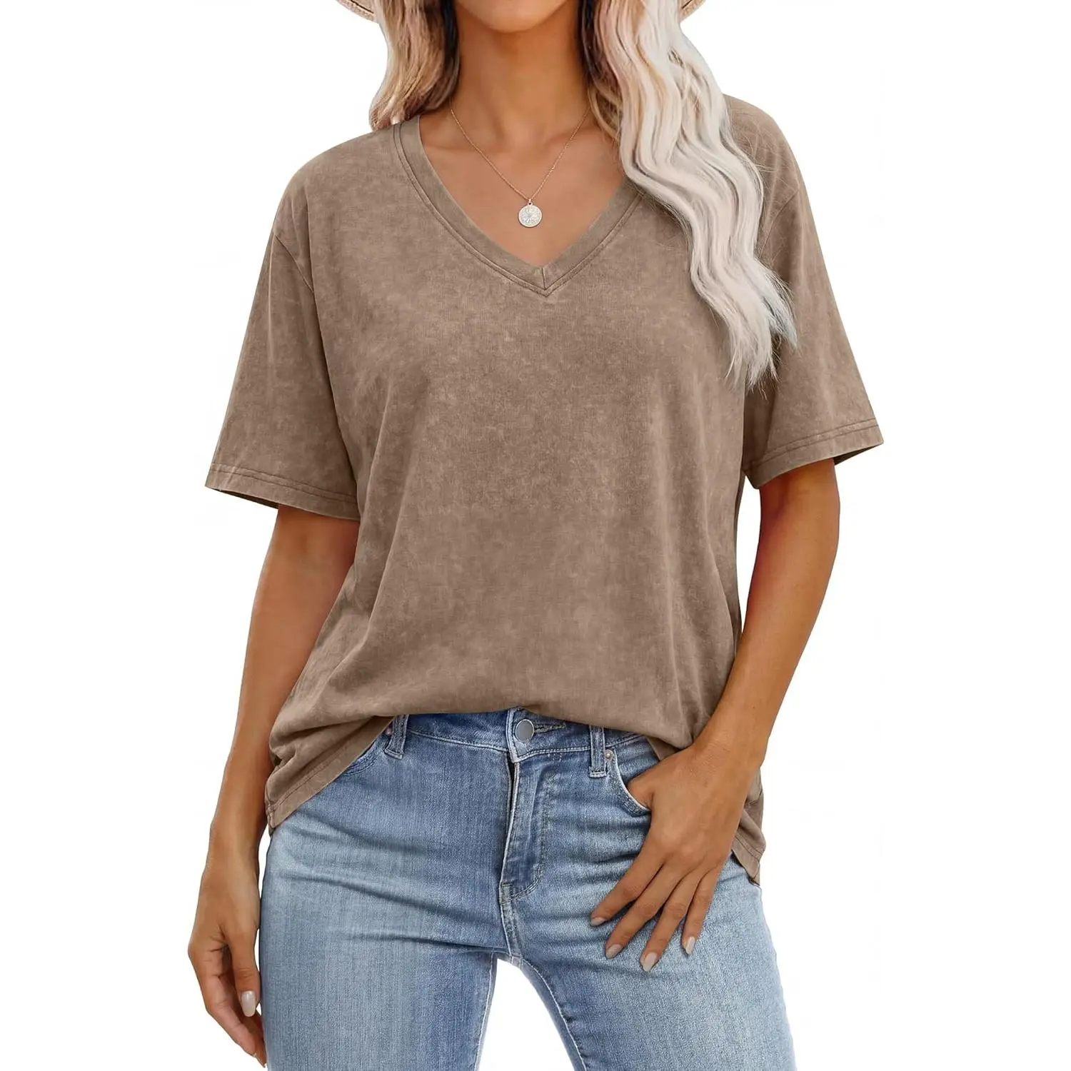 ANRABESS Womens Oversized Acid Washed T-Shirt Short Sleeve Vintage V Neck Casual Tops 2026 Summer Basic Tee Outfit