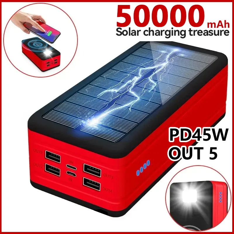 All-in-One Solar Charging Power Bank, 50000mAh Ultra Large Capacity, 120W Quick Charge Outdoor Portable Charger for iPhone Samsung Huawei Xiaomi