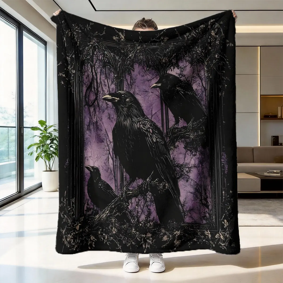 Dark Crow Blanket High-Weight Flannel Fabric, Soft Plush Touch, Warm Insulation, Anti-Wrinkle Easy Clean, Perfect Gift for Gothic Fans, Flannel Cozy Blanket, Heavy Weight Blanket