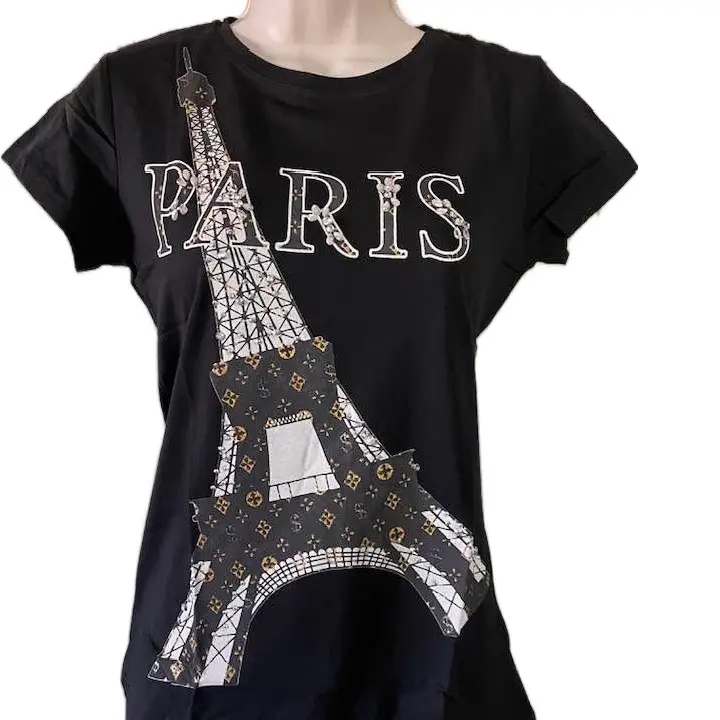 Vinizbena Fashion Rhinestones Logo Women’s T-Shirt Womenswear Top Crewneck Various