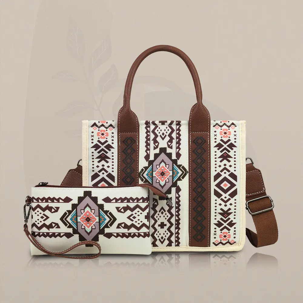 Women's 2-Piece Boho Western PU Tote Satchel Set - Vintage Floral Embossed Large-Capacity Tote Bags for Women, Travel, Gift-Giving, Tote Bags Women