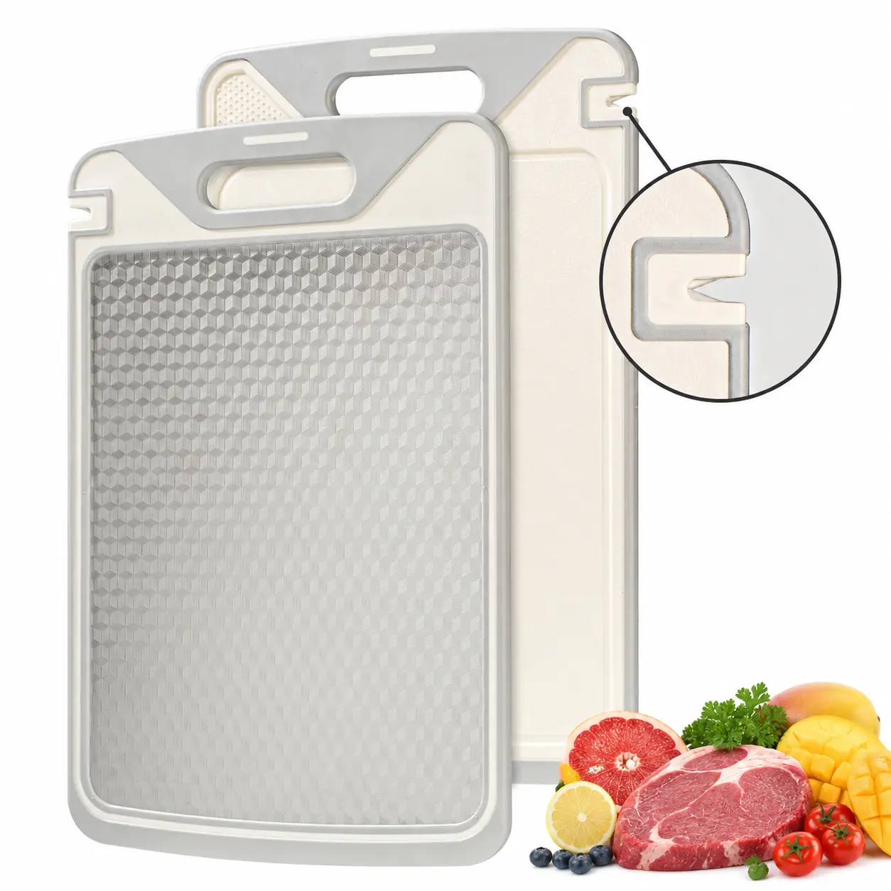 【Summer Deals】2-in-1 Double-Sided Cutting Board, Stainless Steel & Wheat Straw PP Chopping Board with Knife Sharpener, Durable Easy-Clean Kitchen Board for Meat, Fruits & Vegetables