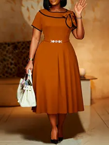 Plus-Size Women's Elegant A-Line Dress — Ruffles, Bow Accent, High-Waist, Fitted Waist, Short Sleeve — Formal Attire for Evening Dinners & Wedding Parties