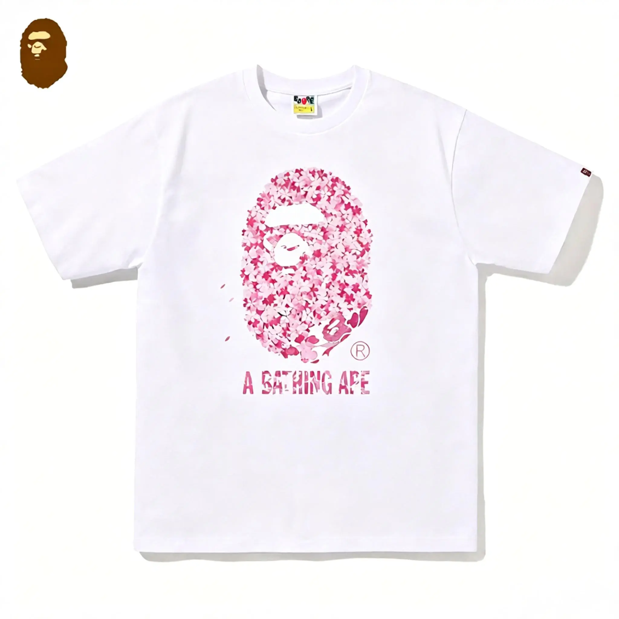 BAPE ABC Sakura Cherry Blossom Camo Graphic Tee, 100% Cotton Crew Neck Short Sleeve Streetwear Top, Relaxed Fit With Ape Head Print