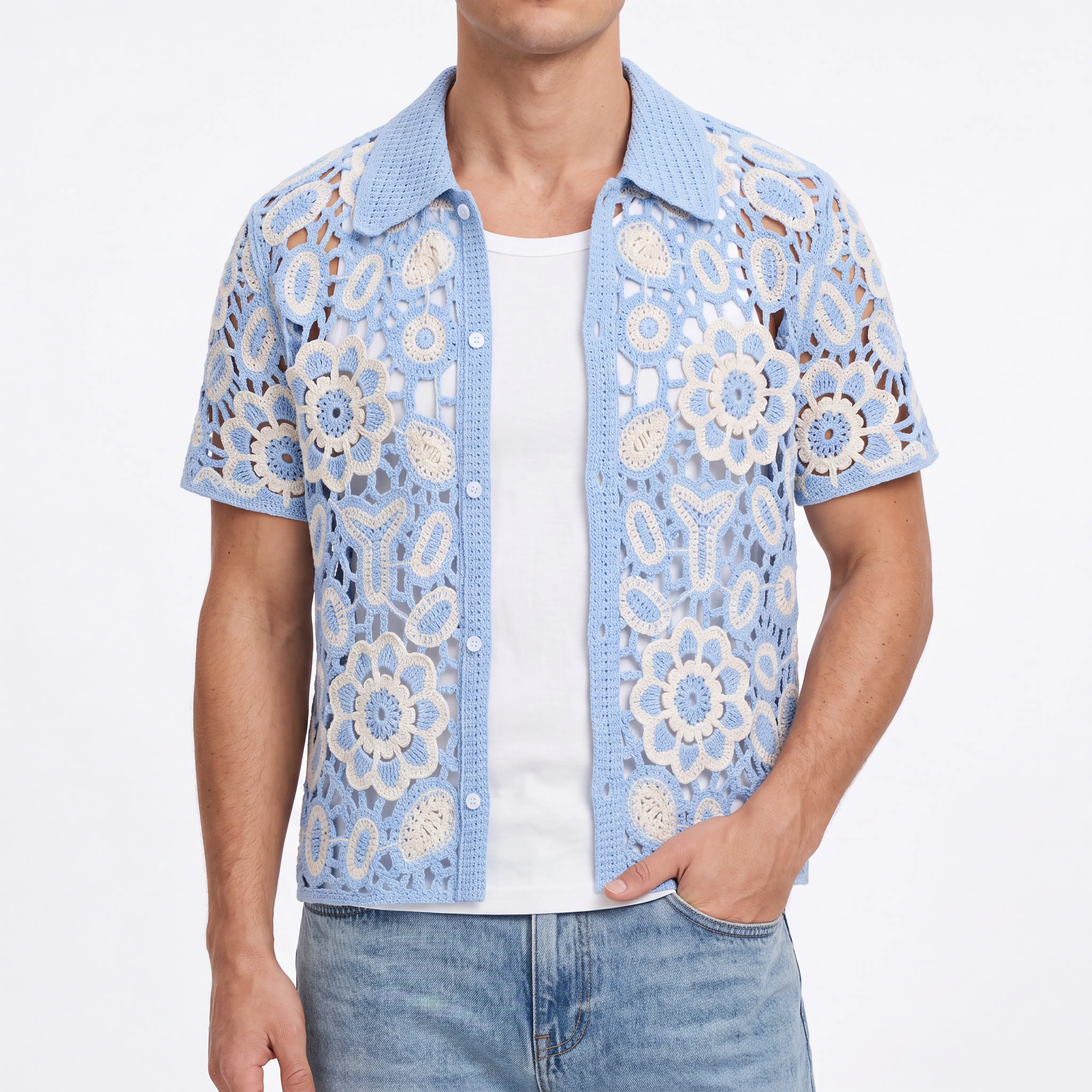 Men's Casual Floral Crochet Polo Shirt, Shortsleeve Retro Button-Up Knit Top with 3D Cutouts for Summer Vacation, Acrylic