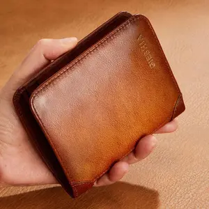 Men's Wallet RFID Top Cowhide Leather Tri-fold Wallet with 2 ID Windows & 11 Credit Card Slots Durable Retro Short Multi-function Credit Card Holder Perfect Gift