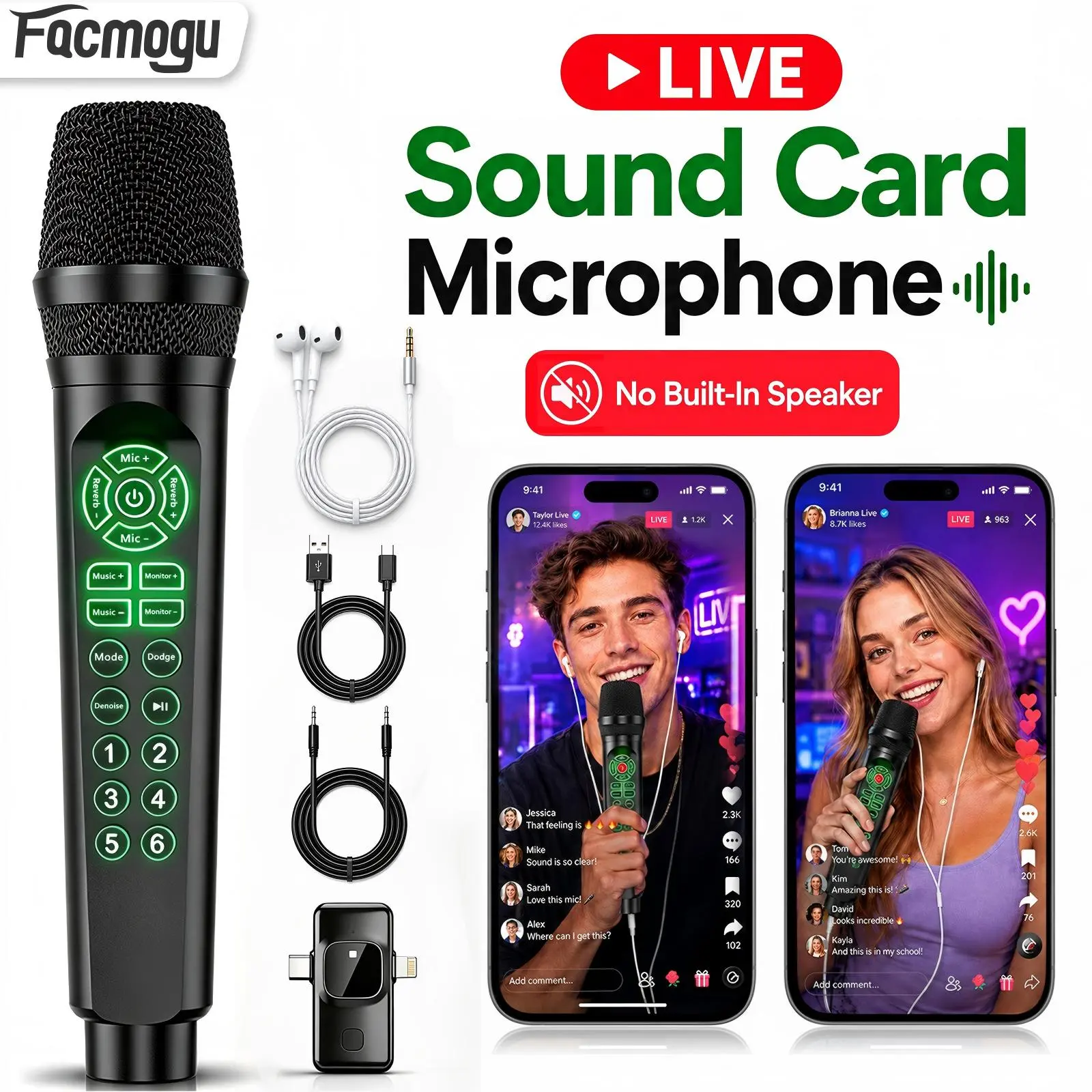Facmogu Live Streaming Microphone with Built-in Sound Card, Plug-and-Play USB-C/Lightning Receiver, Button Control, Charging Cable, Headphone Monitoring, Reverb, Voice Effects, Bluetooth BGM for Android/USB-C PC Devices, Wedding & Casual Use