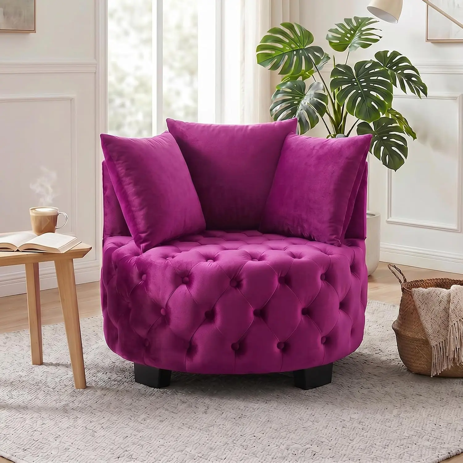 Modern Velvet Round Accent Armchair - 31.25''W Upholstered Button Tufted Velvet Barrel Chair with 3 Pillows, Club Chair, Lounge Chair, Leisure Armchair for Living Room Hotel Bedroom (Violet)