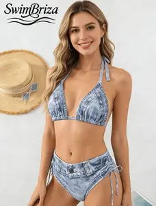 Briza｜Faux Denim High-Waisted Bikini Set For Women, Halter Neck Triangle Cups + Side Ties